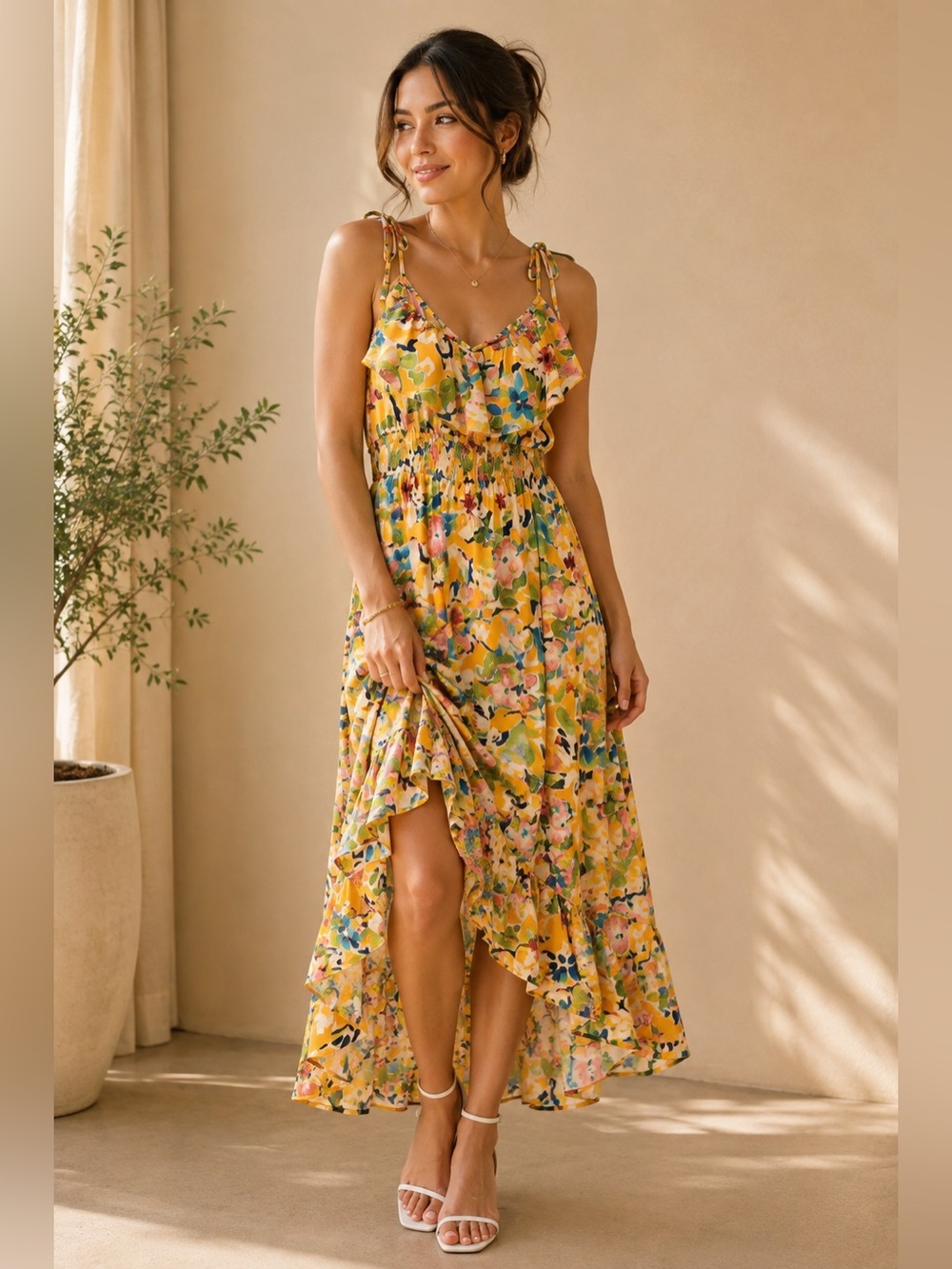 Yellow Floral Ruffle Sundress - Womens Dress